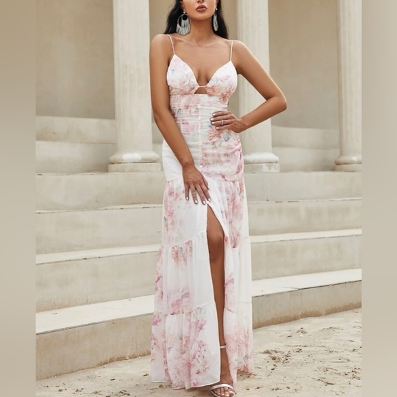 Classy Floral Backless Sleeveless Spaghetti Straps Ruffle Hem Summer Maxi Dress - Picture 1 of 16
